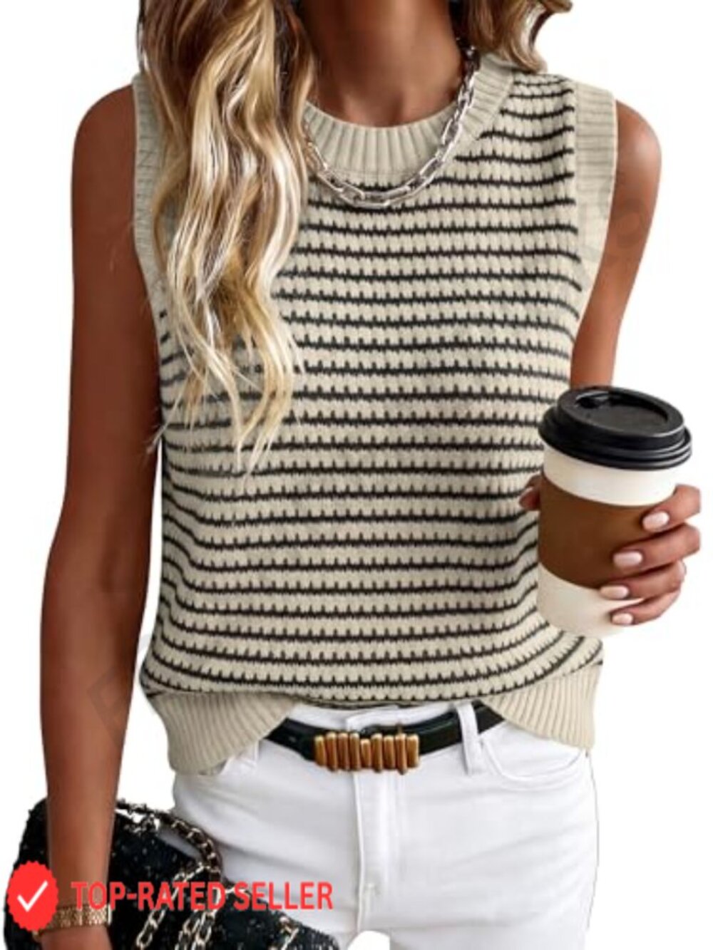 Womens Sleeveless Sweater Vest Striped Knit Tank Top Crew Neck Pullover